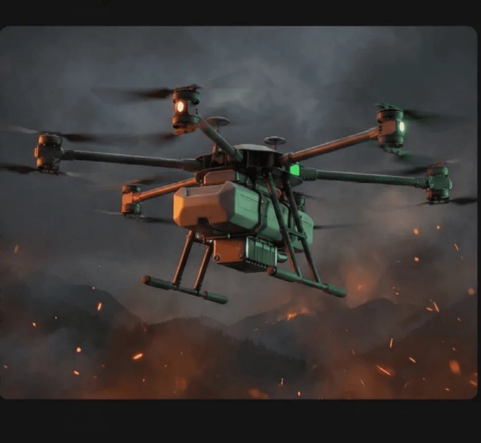 Goshawk heavy-lift UAV carrying a firefighting spray system above a mountain fire
