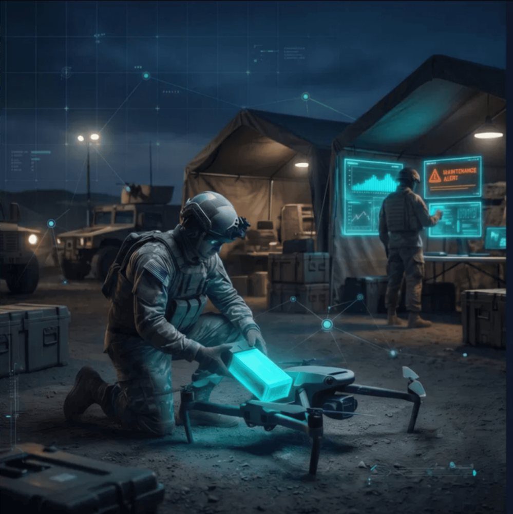 Operator preparing a tactical quadcopter at a field command post